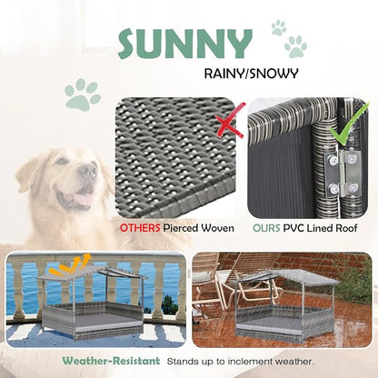 Outdoor Wicker Dog Bed with Canopy, Indoor HDPE Rattan Dog House, Raised Dog Cot Pet House, Elevated Pets Sofa w/Washable Cover, Waterproof Roof Shelter, Removable Cushion Lounge