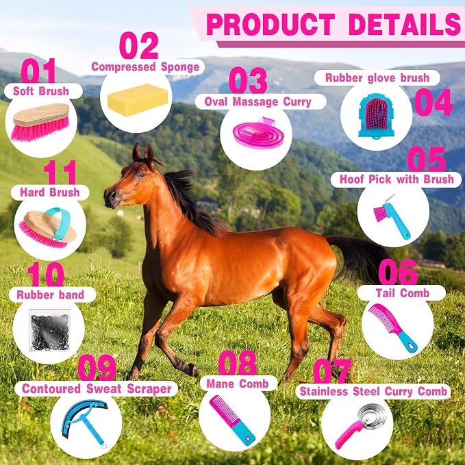 Abbylike 12 Pieces Horse Grooming Kit Racing Festival Tack Room Supplies Horse Brush Sets Equine Care Cleaning Kit Shedding Grooming Massaging Tools(Rose Red)