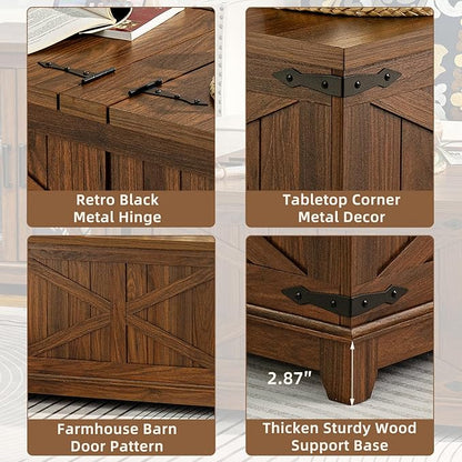 Farmhouse Coffee Table Sets 2 Pieces, Narrow Night Stand with Glass Barn Door Storage, Large Coffee Tables with Hidden Storage Organizer, Wood Furniture Sets for Living Room, Office, Brown