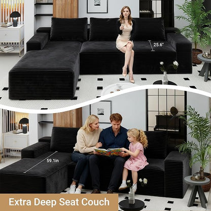 KAPEETOO Modular Sectional Sofa Cloud Couch with Chaise Longue, Left L Shaped Boneless Couch with Deep Seat, Oversize 3-Seater Sofa L Shaped Set for Living Room Bedroom (Black)