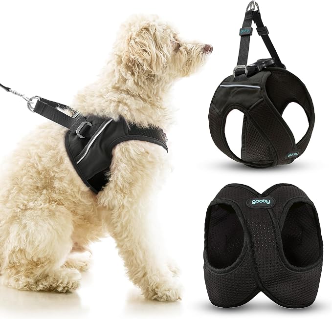 Gooby Escape Free Easy Fit X Step-in Dog Harness, Vegas Black, Large | Patented escape-free, tightens on back-out; Choke-free X-frame + V-neck; Quick-release buckle; Reflective trim