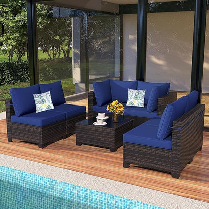Ophelian 7 Pieces Outdoor Conversation Sectional Rattan Sofa, Patio Furniture Set, with Wicker and Cushions for Garden and Backyard, (Brown/Deep Blue)