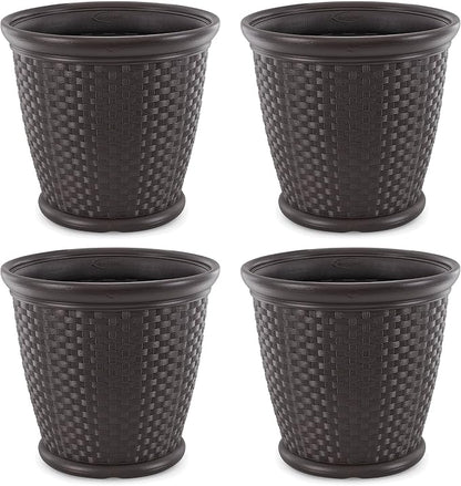 Suncast Sonora 4 Pack 22 Inch Plastic Wicker Indoor or Outdoor Decorative Garden Flower Planter for Entryways, Porch, and Backyard Patios, Dark Brown