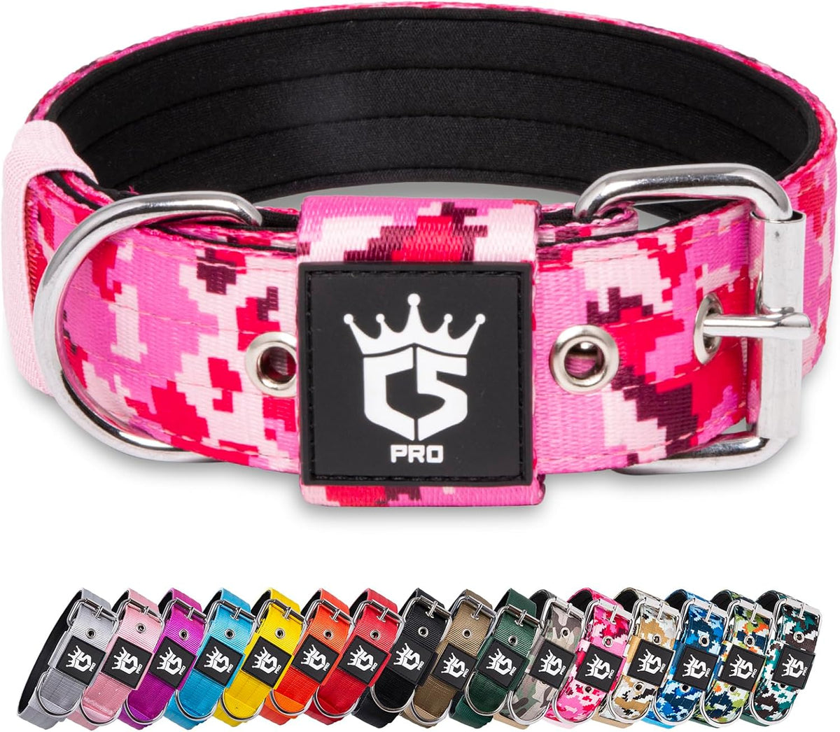 TSPRO Tactical Dog Collar 1.5 Inch Wide Thick Dog Collars with Heavy Duty Metal Buckle, Durable, Strong, Adjustable for Medium to Large Dogs (Camo Pink L)