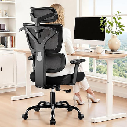 Ergonomic Office Chair High Back Desk Chair with Lumbar Support, Breathable Mesh Computer Chair with Adjustable Armrests Height, Reclining Swivel Big and Tall Gaming Chair for Home Office(Black)