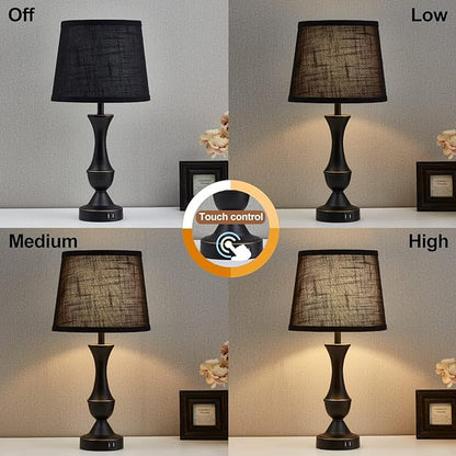 Luvkczc Black Touch Table Lamps Set of 2, 22" Tall Bedside Lamps with USB C+A Charging Ports, Nightstand Lamps for for Bedroom, Living Room, Office, with Black Lampshade, LED Bulb Included