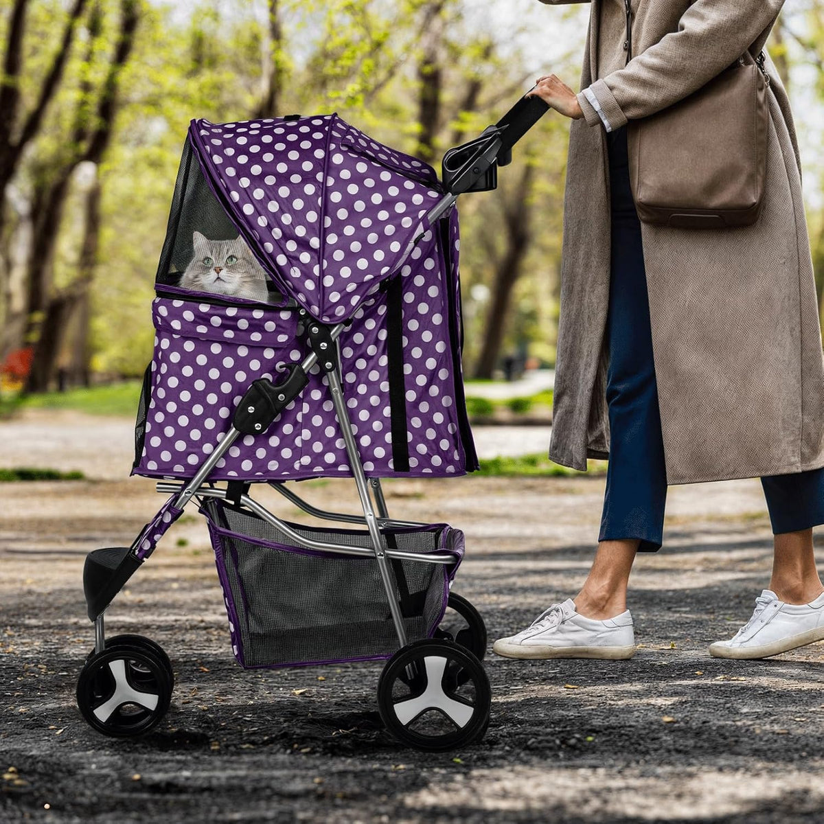 MoNiBloom 3 Wheels Pet Dog Cat Stroller for Small Medium Dogs Cats, Foldable Jogger Stroller w/Storage Basket and Cup Holder, Purple Polka Dots