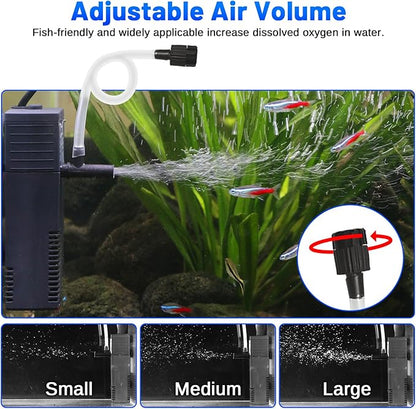 Aquarium Filter Small Betta Fish Tank Filter for 2-15 Gallon Silent 4-in-1 Adjustable Air Flow Fish Turtle Shrimp Tank Filter Submersible Aquarium Internal Filter 79 GPH Biochemical Rainwater