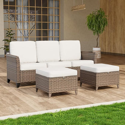 COOS BAY Harbor Retreat 3 Piece Outdoor Furniture Set, Patio Conversation Set with 3 Seat Couch and Ottomans, Wicker Furniture, Brown/Beige