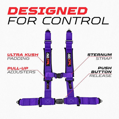 1pc 50 Cal purple 4 Point Harness 3in Straps, Racing Harness Seat Belt | Ultra Kush padding, Push Button quick release hardware. Universal Fit for UTV, RZR, race car.
