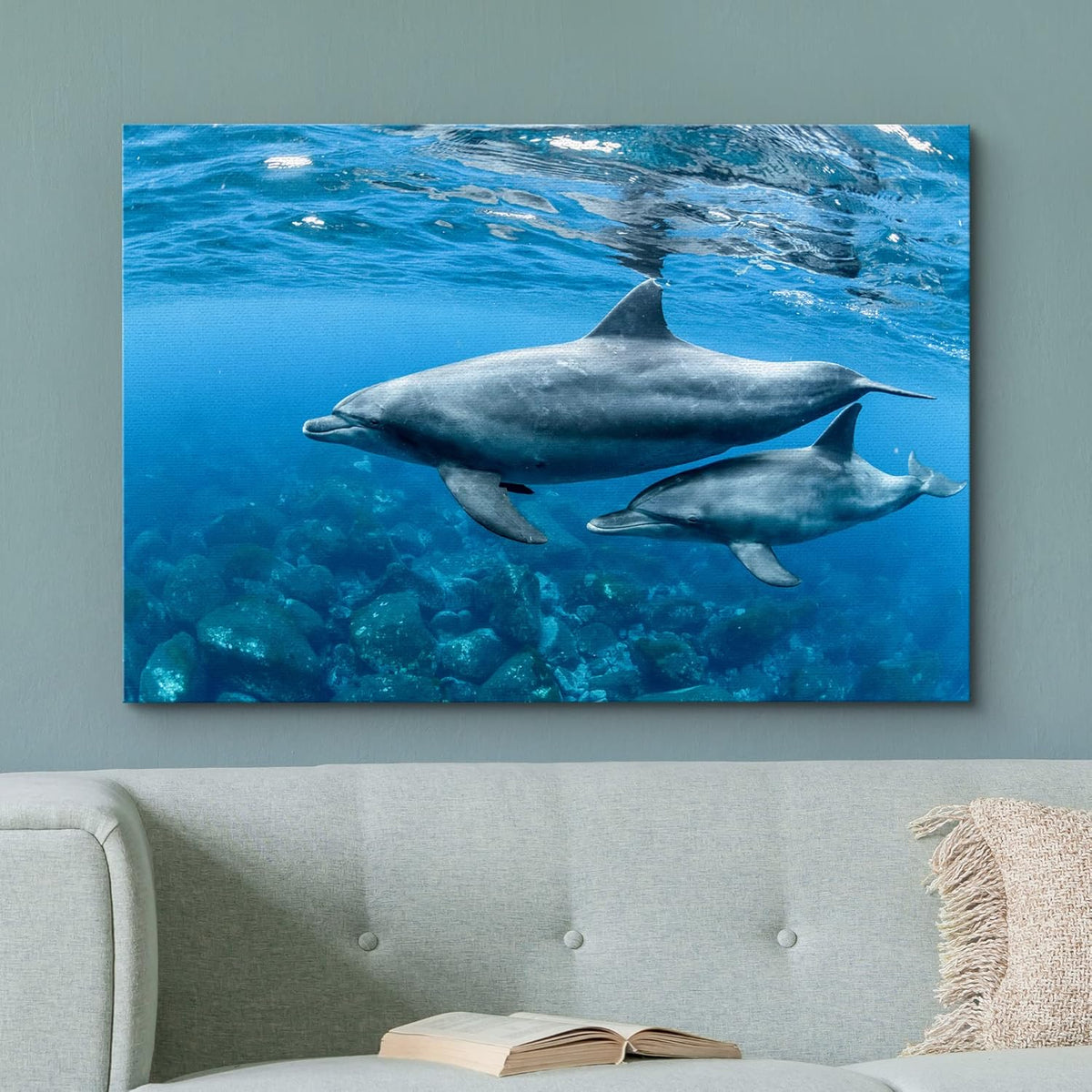 wall26 Canvas Print Wall Art Tropical Ocean Sea Underwater Dolphin Duo Nature Animals Photography Realism Rustic Scenic Landscape Wilderness Earth Colorful for Living Room, Bedroom, Office - 24"x36"