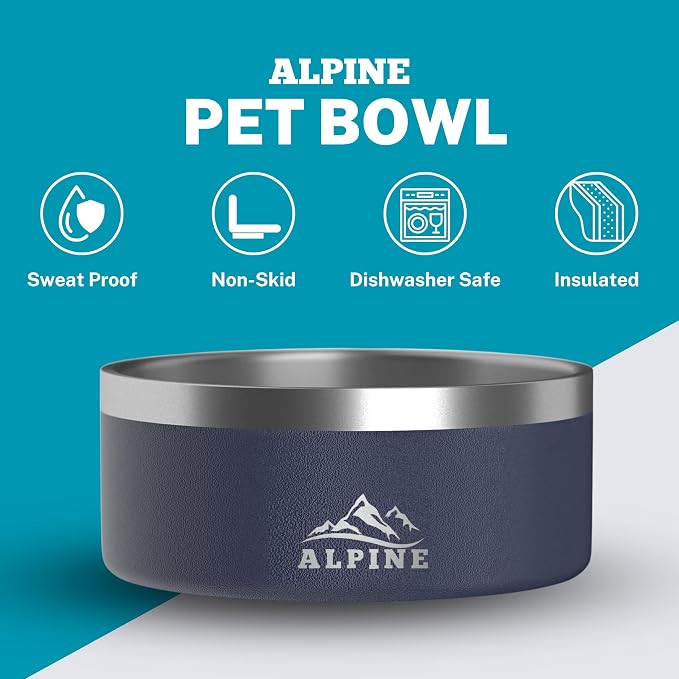 ALPINE Set of 2 Stainless Steel Dog Bowls, Non Slip, Metal Pet Bowl for Food and Water, Double Walled Insulated, Rustproof, Dishwasher Safe (32 oz, Navy)