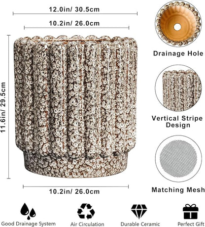 Ceramicfor Ceramic Planter, 12 Inch, Leopard Print White | Round Flower Pot, Drainage Hole, Indoor & Outdoor Plants, Porch Decor, HouseWarming Gift
