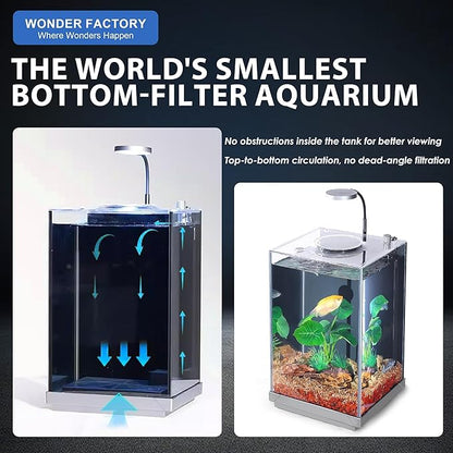 Nano Desktop Betta Aquarium 2.7 Gallon Glass Fish Tank Set, Hidden Bottom Filtration System Self Cleaning Filter Light Gravel Plant Cleaning Tool, for Small Space Easy Setup Space-Saving Design