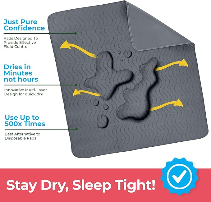 Utopia Bedding Washable Underpads 34" x 52" (Pack of 4), Waterproof Reusable Heavy Absorbency Incontinence Bed Pads for Adults, Kids, Elderly and Pets, Bedwetting Pads for Sofa and Couch (Grey)