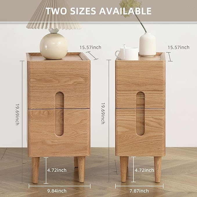 Solid Wood Bedside Table Nightstands, Slim Narrow Oak Real Wooden Mid-Century Modern End Table with Drawers Luxury Side Table Durable Cabinet Organizer Furniture, Natural Color 7.87in Wide