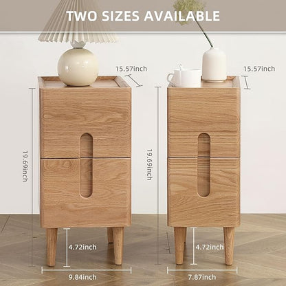 Solid Wood Bedside Table Nightstands, Slim Narrow Oak Real Wooden Mid-Century Modern End Table with Drawers Luxury Side Table Durable Cabinet Organizer Furniture, Natural Color 7.87in Wide