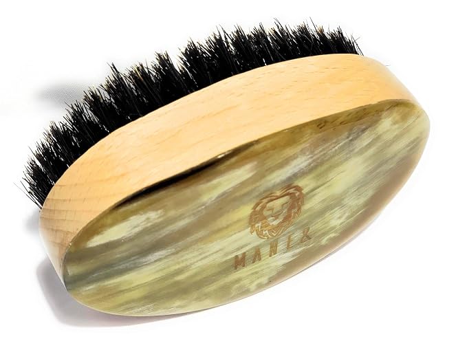 Man & Mane Premium Handmade Oxhorn & Beechwood Military Style Medium Stiff Natural Boar Bristle Men’s Hair Brush for Facial Hair & Beard Care
