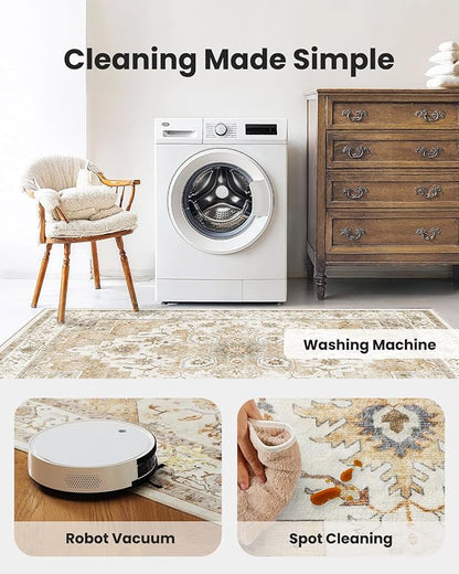 AMADA HOMEFURNISHING 6x9 Area Rugs, Beige Washable Rug Low-Profile with Non-Slip Backing & Durable Edge Binding, Vintage Rugs for Living Room, Bedroom, Dinning Room