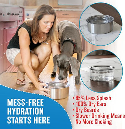 Stainless Steel Dripless Water Bowl with Tritan Plastic Lid, Holds 1 Gal, Reduces Spills & Trails Up to 85%+, Water Bowl for Mammoth Breed Dogs (131+ lbs), The Original Slobber Stopper