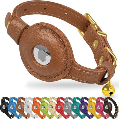 OOPSDOGGY Leather AirTag Cat Collar with Bell - Non Breakaway Kitten Collar with Apple Air Tag Holder - Lightweight GPS Pet Collars for Girl Boy Cats, Small Dogs, Puppies (Brown)