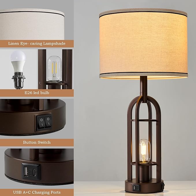 Farmhouse Table Lamps for Living Room Bedroom Set of 2 - Rustic Industrial Bedside Lamps for Night Stands with USB A+C, 24" Vintage Nightstand Lamp with Night Light, Bulbs Included