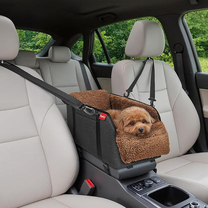 Center Console Dog Car Seat for Small Pets to 11lbs, Brown | Anti-collapse armrest Console seat with washable fluffy cushion, pillow & tether for stable, cozy pet travel trips.