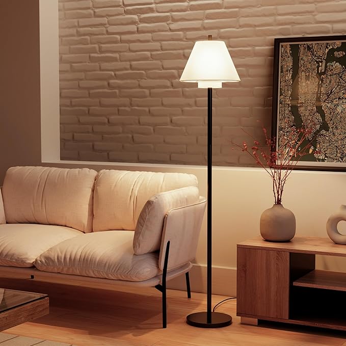 GLOBE Electric 61000170 62" Floor Lamp, Matte Black, White Fabric Double Shade, On/Off Rotary Switch on Socket, 5-Foot Black Cord, 1-Light, 60W E26/Medium Base Bulb