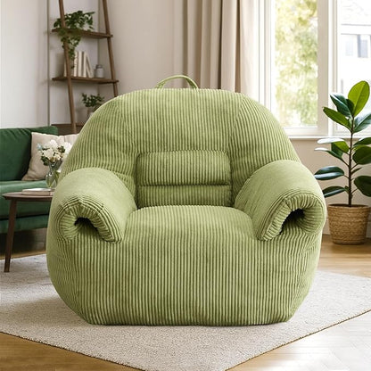 Peace nest Bean Bag Chair with Memory Foam Filled Ultra Soft Corduroy Cover for Adults Comfy Fur Bean Bag Chairs with Armrests for Bedroom Living Room Office Dorm Reading Green