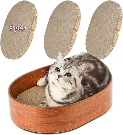 3 Pcs Cat Scratching Board with Box, 2 in 1 Cardboard Cat Scratchers Bed for Indoor Cats, Round Scratch Bowl with Thicker Double-Sided Pad for Cats' Scratch Need