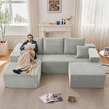 107" L-Shape Sofa with Ottoman, Modern Modular Sectional Comfy U-Shape Cloud Couch, Deep Seat, Upholstered Corduroy Sleeper Chaise Longue for Living Room Bedroom, No Assembly Required, Grey
