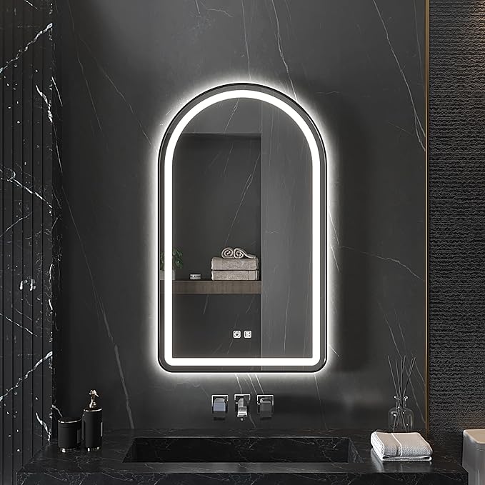 30x40 inch Black Tempered Glass LED Arched Mirror