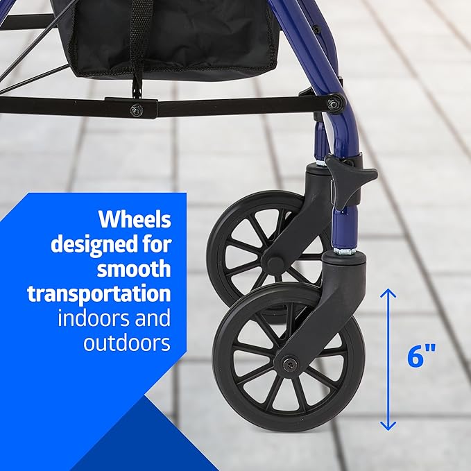 Medline Rollator Walker with Seat, Steel Rolling Walker with 6-inch Wheels Supports up to 350 lbs, Medical Walker, Blue
