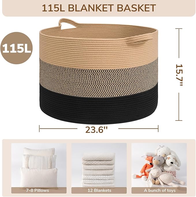 INDRESSME 115L Extra Large Blanket Basket for Apartment Décor, Woven Baby Laundry Hamper Shoe Basekts for Entryway, Wicker Storage Basket for Organizing, Camel Mix & Black