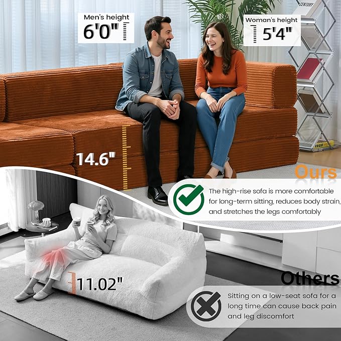 Folding Sofa Bed Convertable Corduroy Couch King Size Floor Sleeper 4-in-1 DIY Combination Modular Sofa Fold Out Futon Lounge Comfy Foldable Lazy cama for Living Room (Orange)