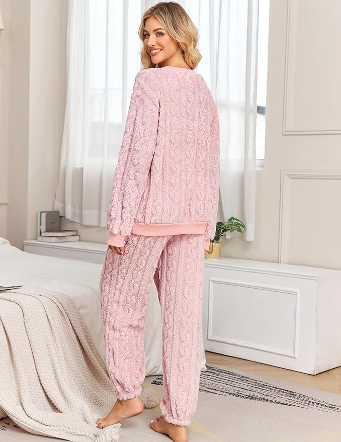 Pajamas Sets for Women Soft Comfy Fluffy Pajama Fleece Pullover Ribbed Pjs Warm Plush Lounge Sleepwear