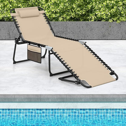 GYMAX Lounge Chair for Outside, 440lbs 27” Oversize Folding Beach Tanning Sunbath Chair with Adjustable Backrest & Removable Pillow, Lightweight Portable Patio Lounger for Lawn Poolside (Sand,2)