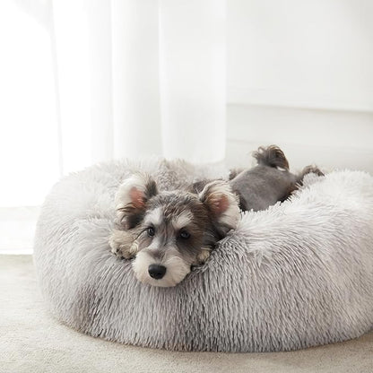 Western Home Calming Donut Small Medium Pet Dog Bed Washable,27" White Grey | Fluffy Faux Fur Round Cuddler,Anti-Anxiety,Anti-Slip Bottom,Plush Pet Dog Beds for Small Medium Sized Dogs,Up to 35 LBS