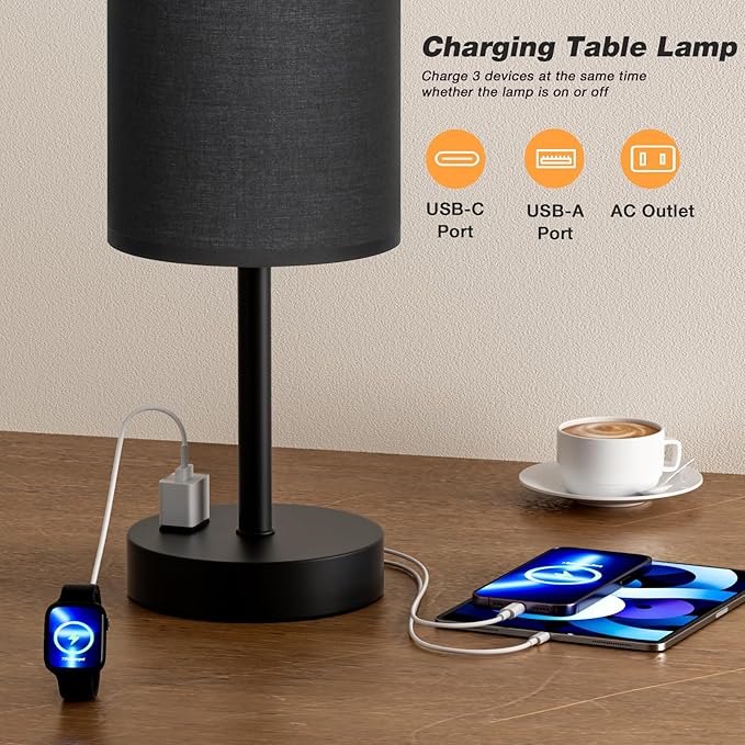 Fenmzee Touch Nightstand Lamp - Black, 3-Way Dimmable, USB A + C Charging, AC Outlet, 17.4inch Medium
