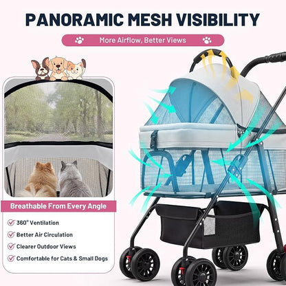 Dog Stroller for Small Dogs, Panoramic Mesh Pet Cat Stroller with Detachable Carrier, Foldable Pet Stroller up to 35 lb, with Safety Tether, Puppy Doggie Stroller for Medium Dogs 20 lbs Grey