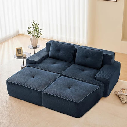 Blue Ottoman for Modular Sectional Sofa, Corduroy Deep Seat for Oversized Compressed Boneless Sectional Couches for Living Room Bedroom Apartment, Cloud Sofa Couch Set, Memory Foam, No Assembly