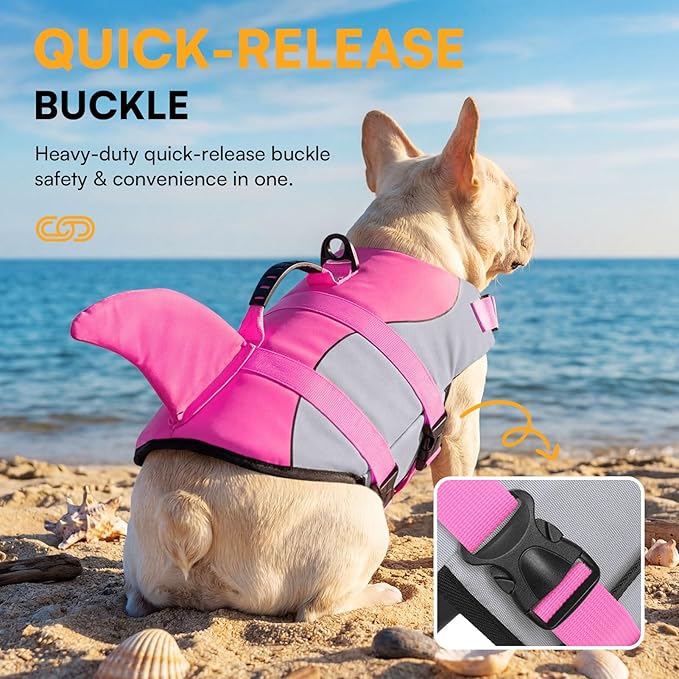 Dog Life Jacket Ripstop Shark Dog Safety Vest Adjustable Preserver with High Buoyancy and Durable Rescue Handle for Small,Medium,Large Dogs, Pink Shark Medium