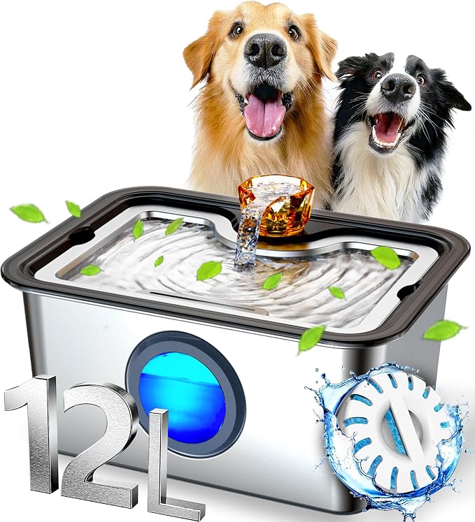 Large Dog Water Fountain SS304,12L Ultra-Purification Pet Drinking Dispenser with Visual Window,Widely Drinking Area,Deep Purification Filter,Triple Waterfall Structure,Low Water Indicator