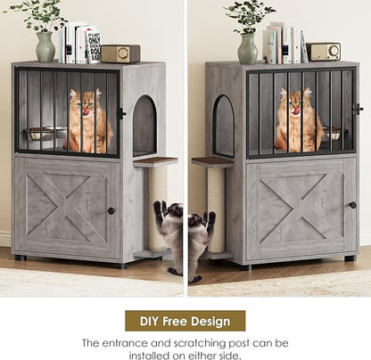 Dog Proof Cat Feeding Station, Dog Proof Cat Feeder, Cat Food Table, Gray | Cat Feeding Station with Scratching Post, Elevated Cat Food Bowls with Stand, Pet Food Storage Cabinet, Cat House