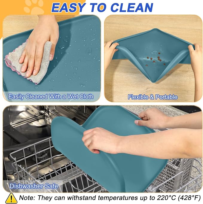 SMILOOL Waterproof Silicone Pet Food Mat with Raised Edge for Dog & Cat | 19" x 12" Non-Slip Pet Feeding Mats with Lip for Food & Water Bowl, Food Grade, Easy Cleaning, Salte Blue