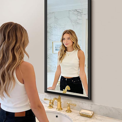 Black Bathroom Mirror 20 x 48 Inch Rectangle Wave Beveled