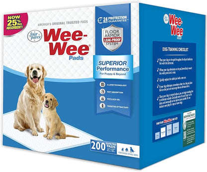 Four Paws Wee-Wee Superior Performance Dog Pee Pads, 200 Count | Quilted leak-proof puppy pads, dog housebreaking & potty training, 24-hour floor protection, pet supplies, 22" x 23"