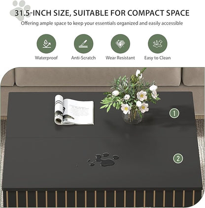 weselon 31.5" Square Coffee Table with Storage, Mid-Century Modern Center Table with Arched Cutouts and Carved Lines, 2-Tier Tea Table for Living Room, Cat-Friendly Base (Black)