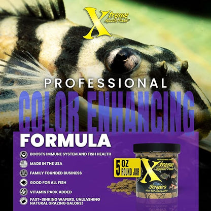 Xtreme Scrapers Wafers - Premium 14mm Fast-Sinking Fish Food – Nutrient & Cellulose Rich Ideal for Nocturnal Feeders, Catfish, Plecostomus Species, and Loaches – USA Farm Grown (5oz)