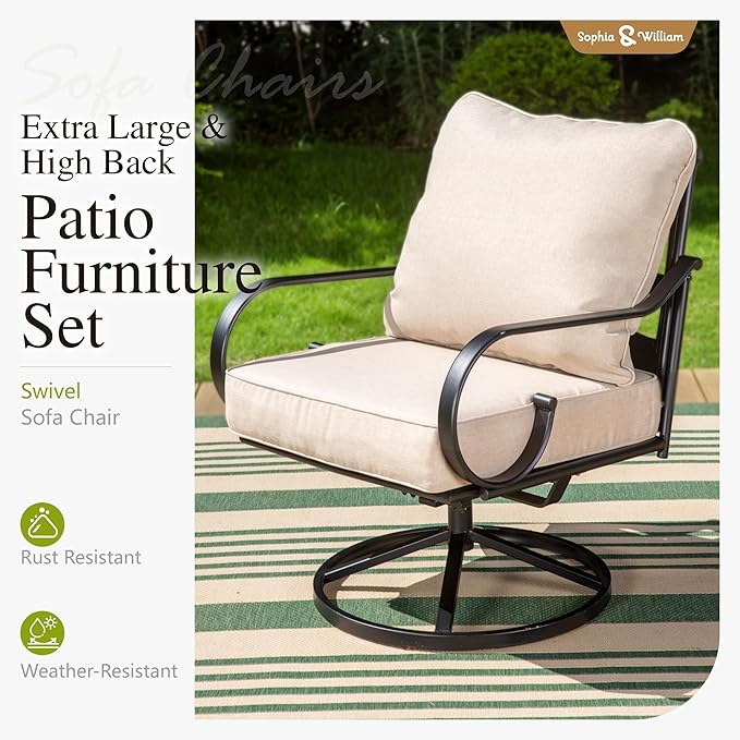 Sophia & William 5 Piece Patio Furniture Set, Outdoor Conversation Sets 7 Seat with 3-seat Sofa x 1, Loveseat x 1, Swivel Chair x 2, Metal Coffee Table x 1 for Porch Lawn, Beige